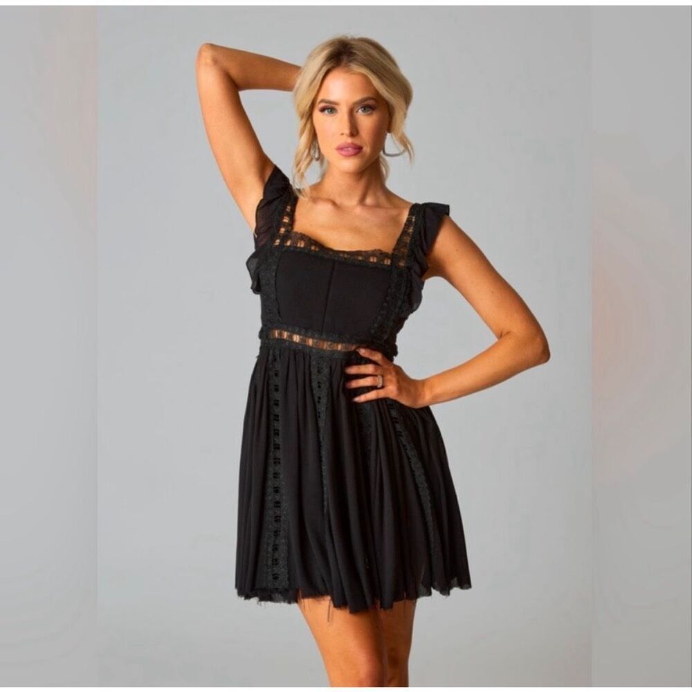 Free People Dress XS Verona Lace Trim Mini Black Square Neck Flare Gauzy Cotton - Picture 10 of 16